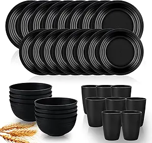 32 pcs Wheat Straw Dinnerware Sets Kitchen Plates and Bowls Sets for 8 Plastic Plates Reusable Dishes Set Outdoor Camping and Dinning Essentials Dishwasher...